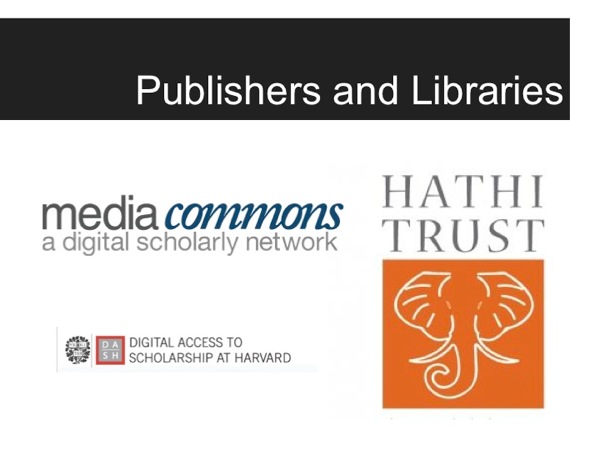 Logos for some digital publishers and libraries, including MediaCommons and Hathi Trust