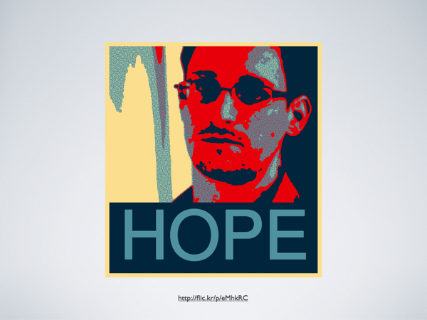 An image of Edward Snowden in the mode of the red-blue Barrack Obama poster with the caption 'HOPE'