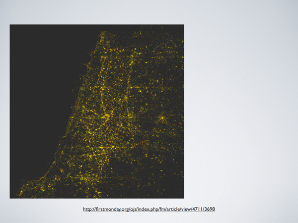 Locations of photos shared on Instagram in Tel Aviv over a three month period (24 January—26 April 2012). 212,242 photos were shared by 15,773 different users