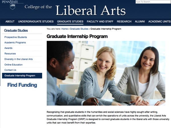 A screenshot of the Penn State Graduate Internship Program website, http://www.la.psu.edu/graduate/GRIP