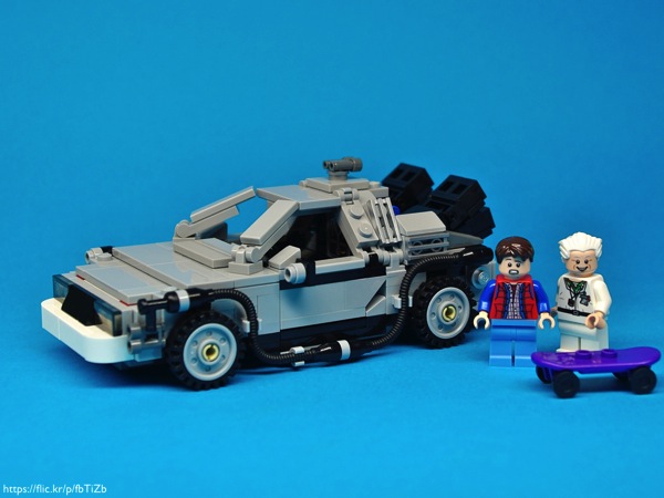 A LEGO Delorean with Back to the Future minifigs