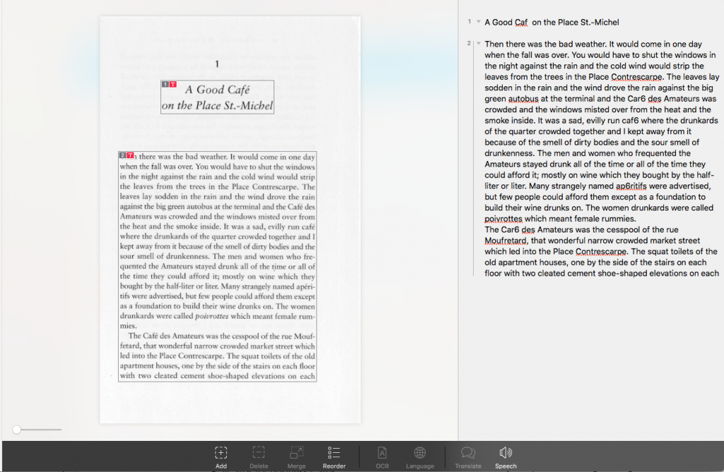 An image of the Prizmo OCR interface, showing a PDF image on the lefthand side and the extracted text on the right.